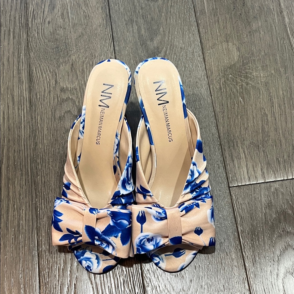 Neiman Marcus Blue and Cream Floral Heels